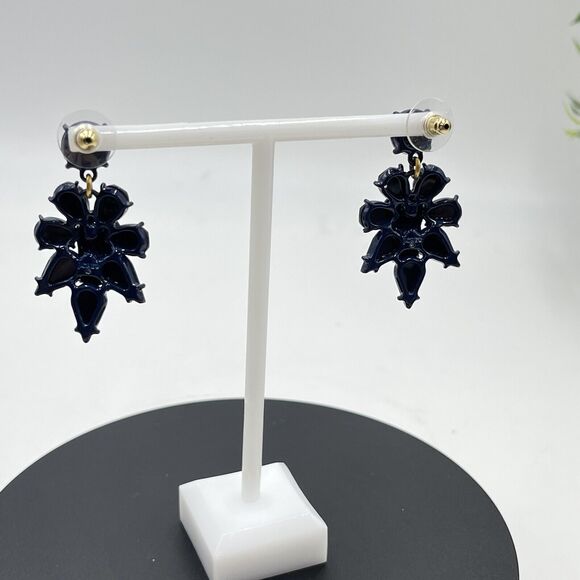 J. Crew Designer Blue Crystal Cut Stone Flower Shape Dangle Statement Earrings - Picture 11 of 14